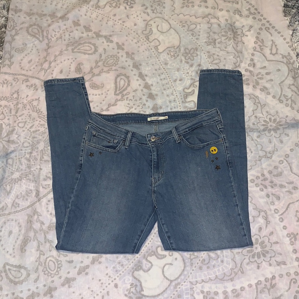 Levis 711 Pin Smiley Lightning Bolt Studded Blue Skinny Jeans Sz 31 Y2K